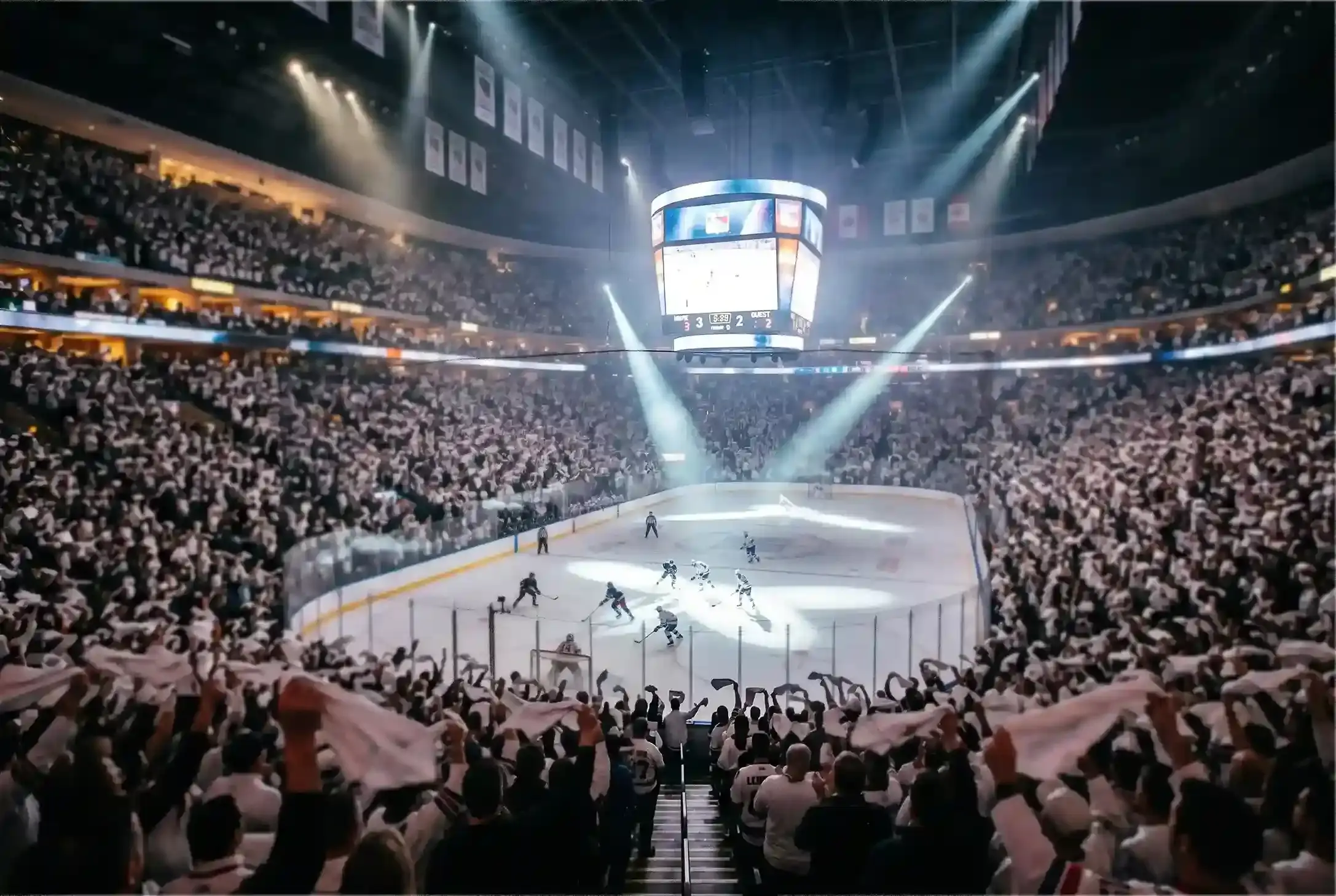 Ambiente de playoffs de la NHL con aficionados en una pista de hockey sobre hielo