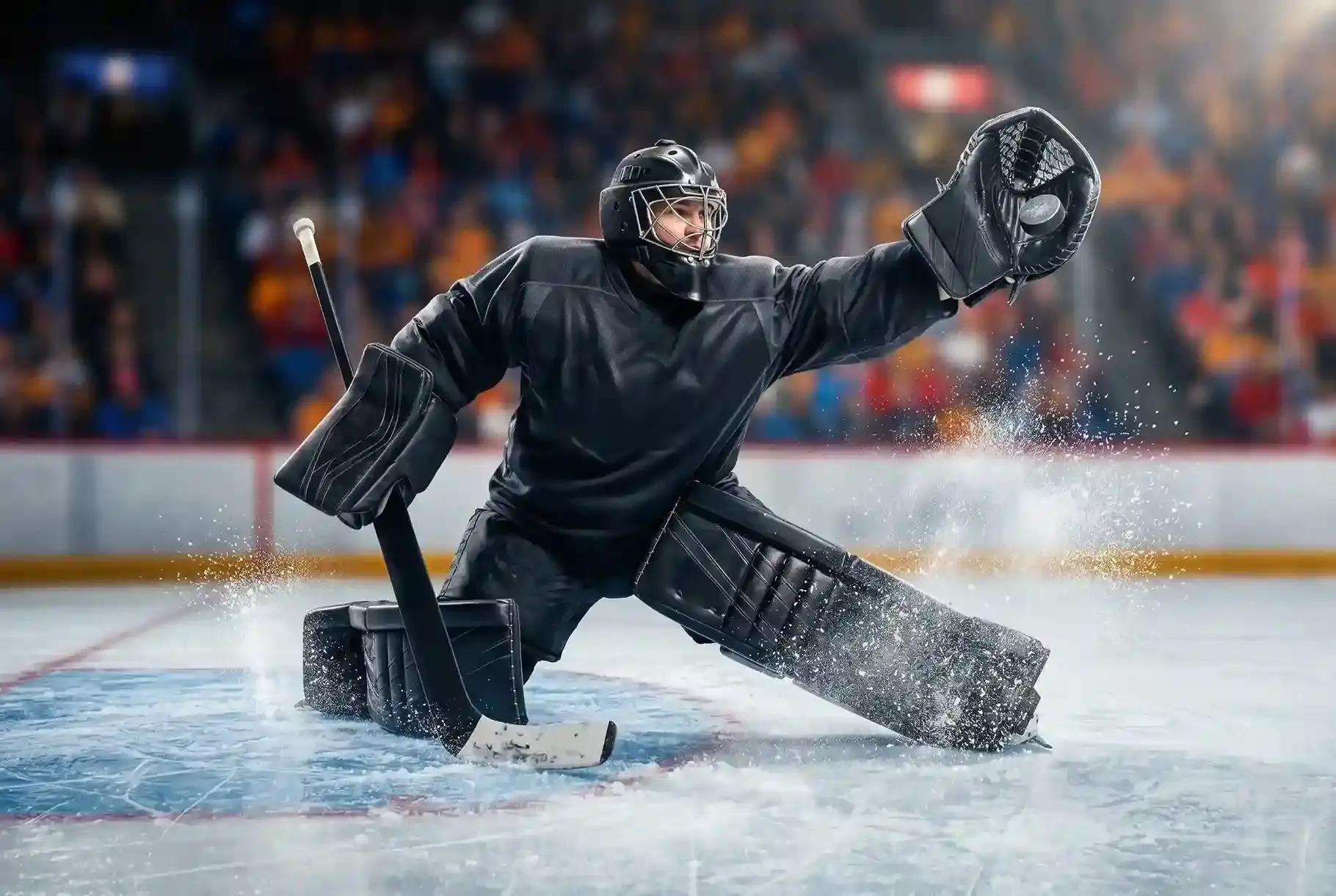 Portero de hockey sobre hielo en posición de parada durante un partido de la NHL